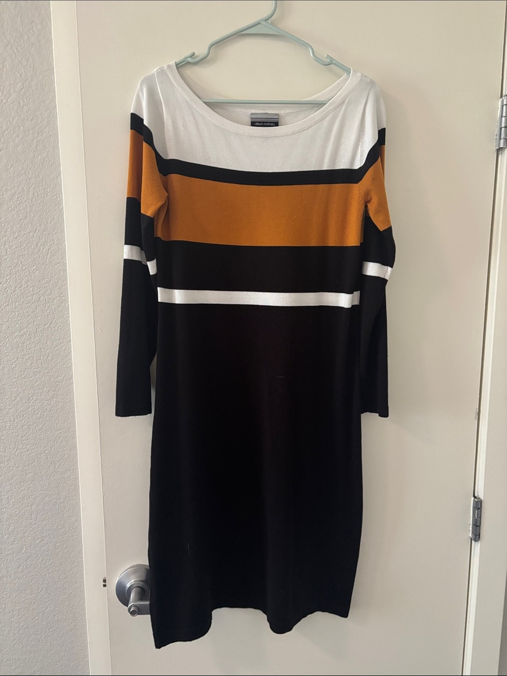 Allison Brittney Black, White & Mustard Striped Long Sleeve Dress